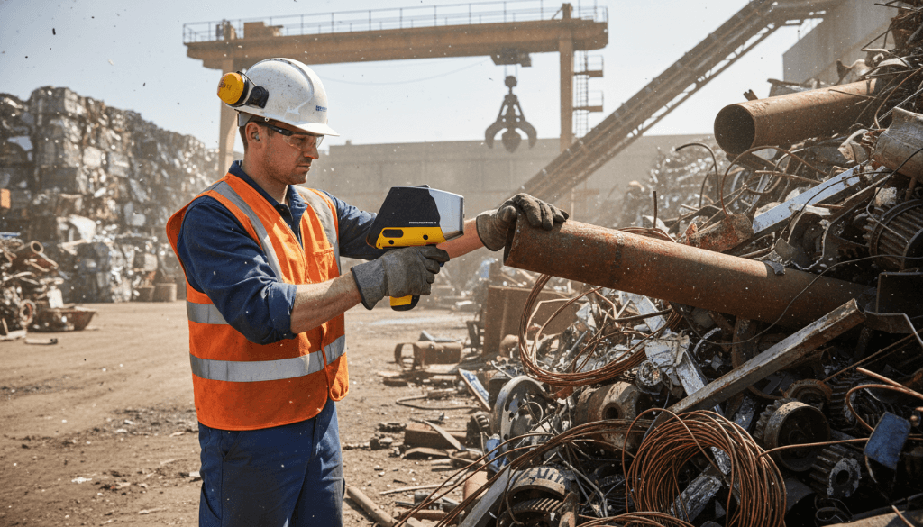 Operator using ProSpector 3 XRF analyzer in scrap yard